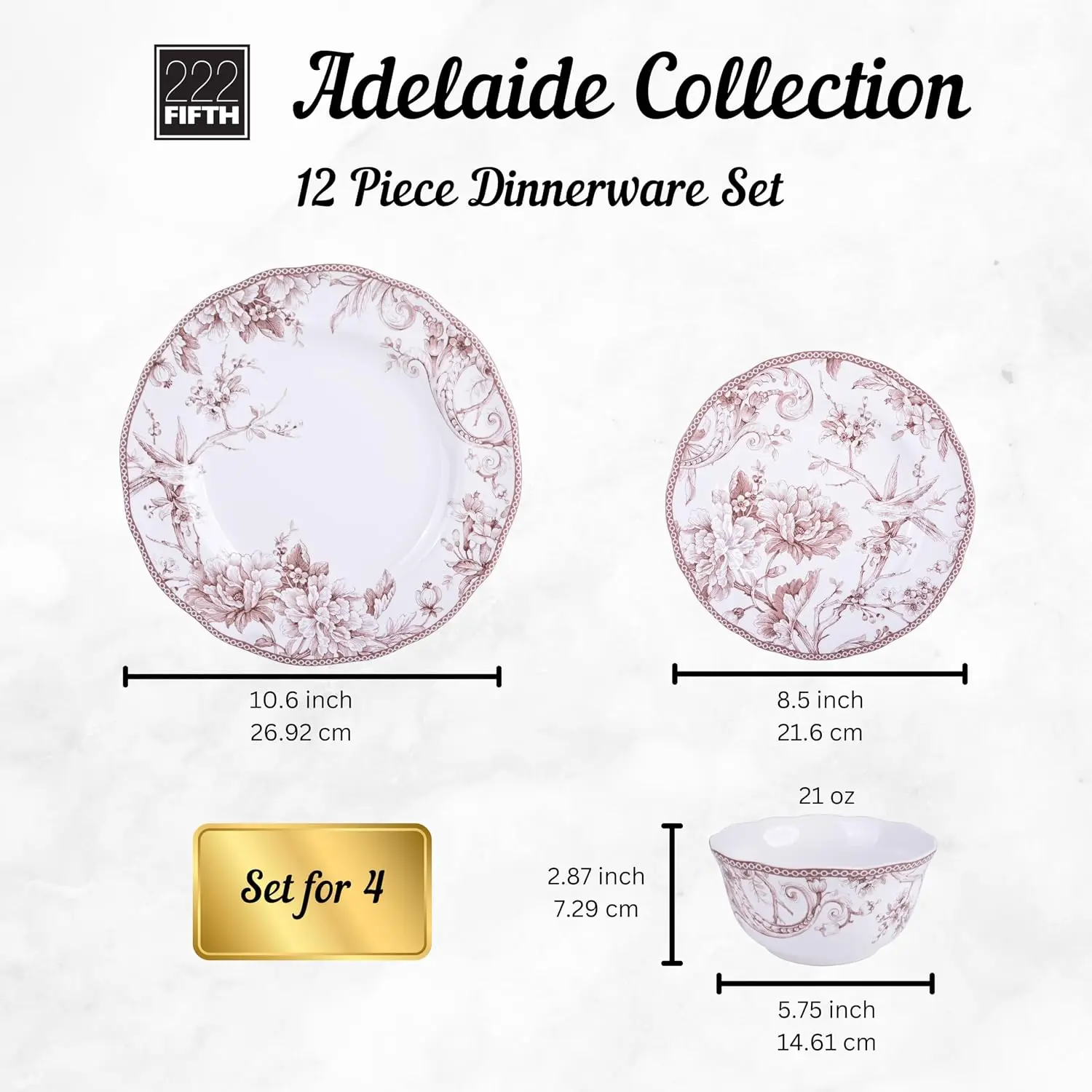 12-Piece Brown on White Porcelain Dinnerware Set, Service for 4 – Large Dinner Plates and Bowls, Durable, Microwave and Dishwasher Safe, Perfect for Everyday Dining and Entertaining