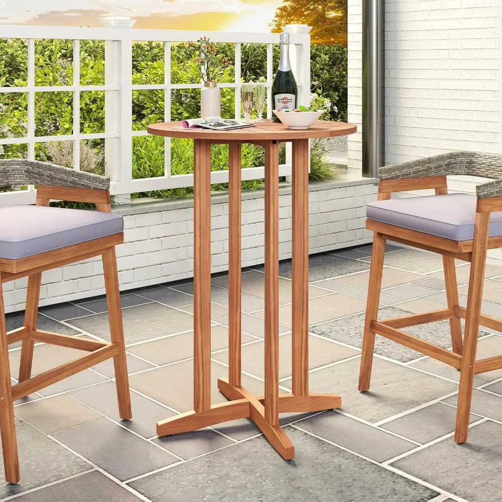 طاولة بار من خشب السنط في الهواء الطلق، طاولة مستديرة بارتفاع 39 فناء مع سطح شرائحي، طاولة طعام بيسترو عالية الجودة، حانة #2