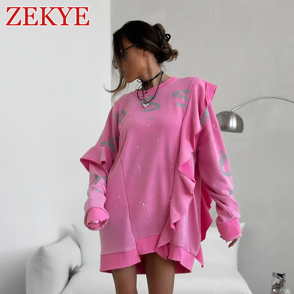 Zekye Ruffles Patchwork Cute Crewneck Sweatshirt Aesthetic Letter Printed Pink Oversized Hoodie Cotton Long Sleeve Fashion Top