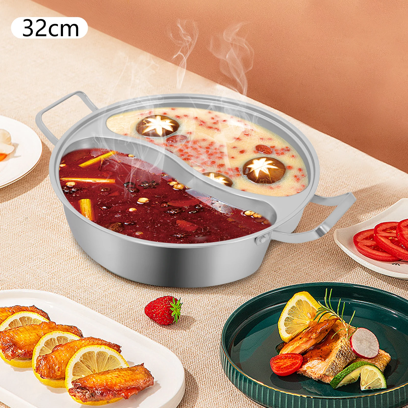 

304 Stainless Steel Double-flavor Hot Pot, 5L/1.32Gal Hot Pot with Divider, Hot Pot with Clear Lid Suitable for 5 Persons NEW