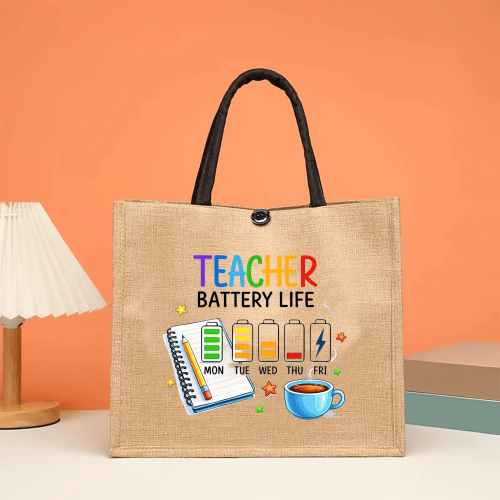 Fun Notebook Coffee TEACHER BATTERY LIFE Printed Burlap Bag Large Capacity Teacher Tote Shopping Bag  Commuter Shoulder Bags