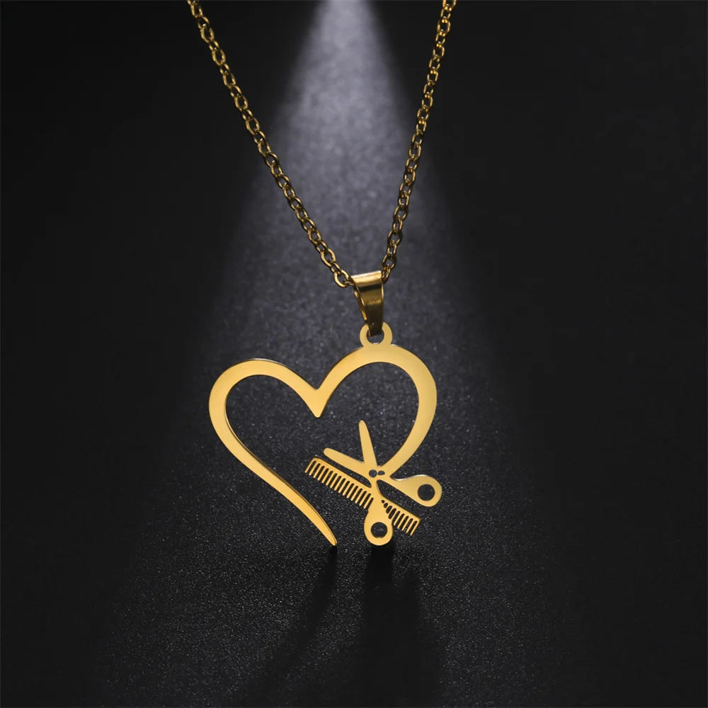 My Shape Scissors Comb Heart Pendant Necklaces for Barber Men Women Haircut Stainless Steel Necklace Choker Fashion Jewelry Gift