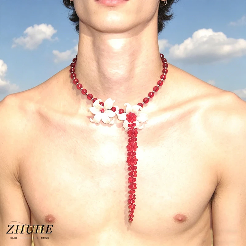 

Vintage Copper Red Beaded Flower Necklace, Luxury Jewelry Accessories for Women & Men, Handmade Tassel Pendant Necklace, Elegant