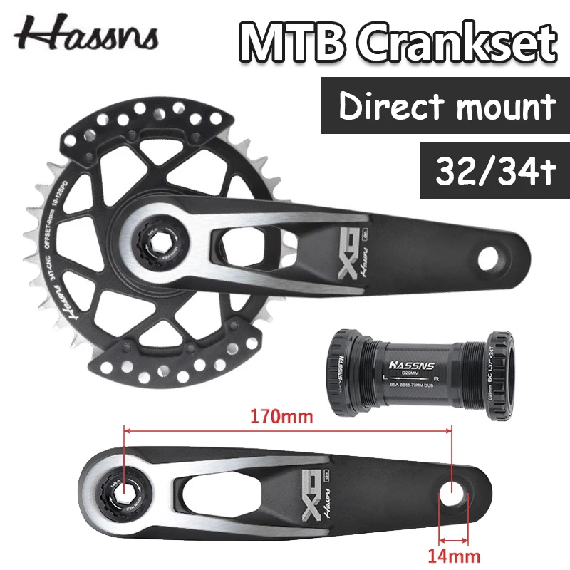 HASSNS MTB Crankset 170mm DUB Aixs 29mm Hollow Integrated Crank 0mm 3mm Offset 32/34T Direct Mount Chainring for Mountain Bike