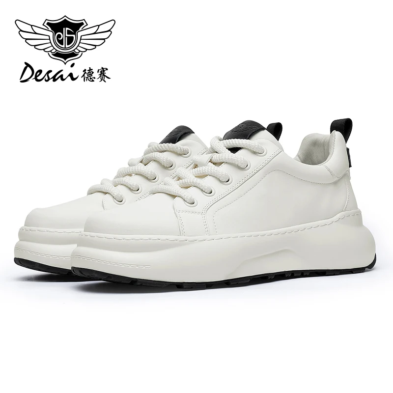 DESAI Full Grain Leather Casual Shoes For Men Thick Bottom White Color Sneakers Breathable 2023 Fashion New Arrival