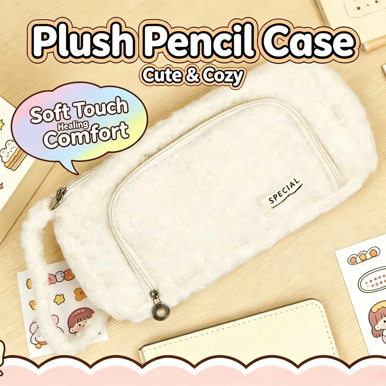 Cute triangular sheep wool pencil case with high aesthetic appeal, stylish stationery storage bag, simple design, large capacity