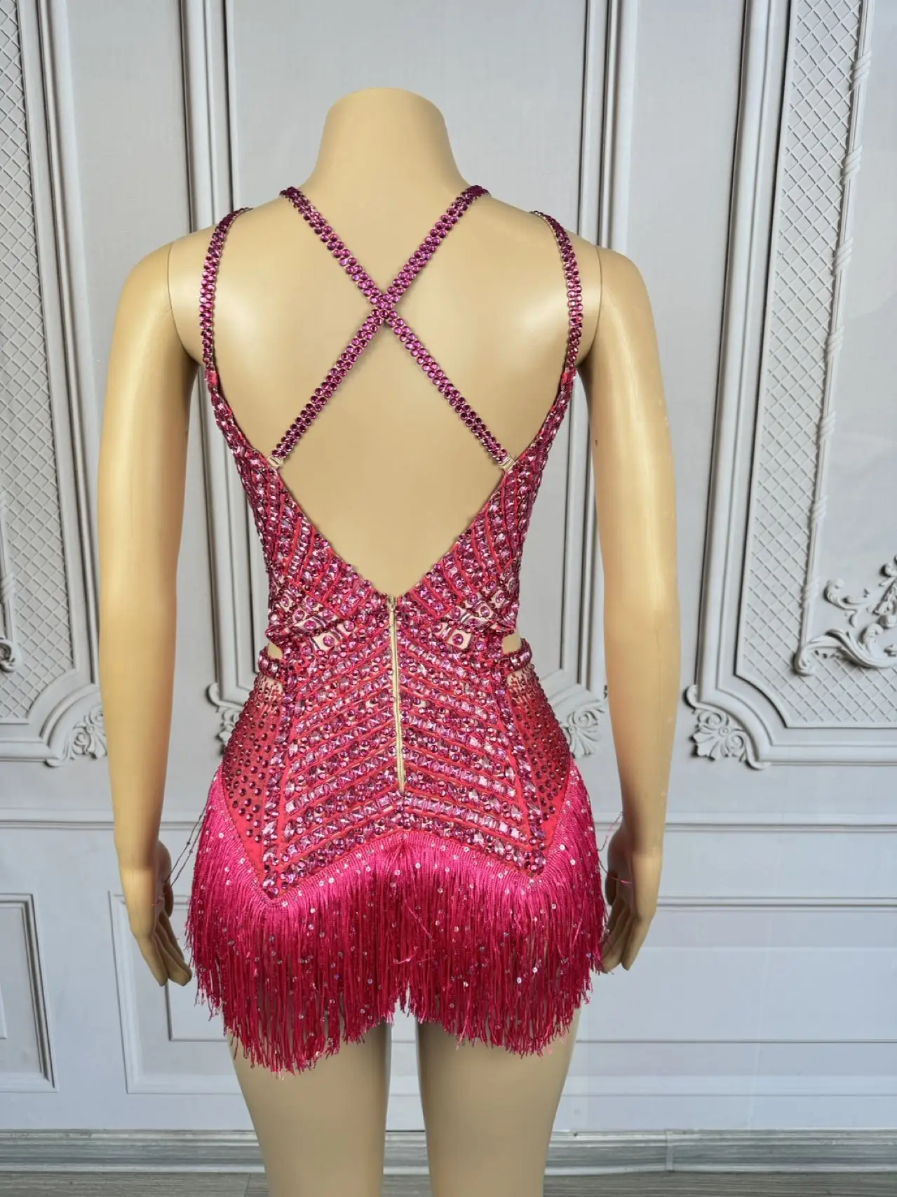 Sparklyพู่Rhinestonesบอดี้สูทเซ็กซี่Stage Performance Danceเครื่องแต่งกายNight Partyชุดนักร้องนักเต้นเวทีสวมใส่Wanxia