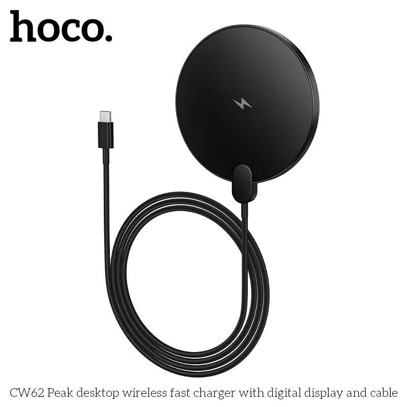 

HOCO CW62 Desktop Wireless Fast Charger with LED Digital Display and Cable Aluminum Charging Holder 15W Earphone Mobile Charger