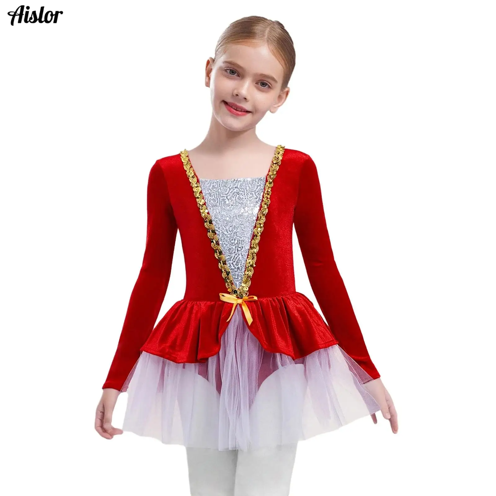 

Kids Girls Christmas Figure Skating Dress Ballet Dance Leotard Dress Long Sleeves Shiny Sequins Patchwork Velvet Tutu Dress