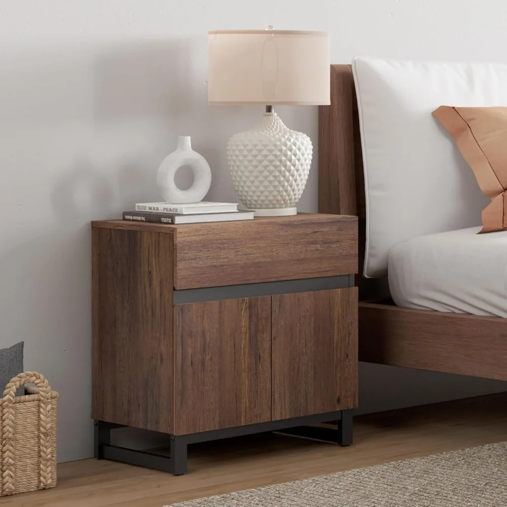 

Nightstand with 1 Drawer & 1 Storage Cabinet, Modern Bedside Table with 2 Open Door for Bedroom, Wood Rustic Side End