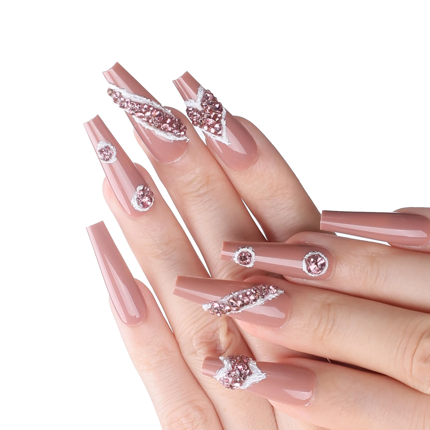 Love Rhinestone Long Coffin Extra Fake nails Brown Sugar Nude luxury diamond design crystal Press on nail Gel False nails