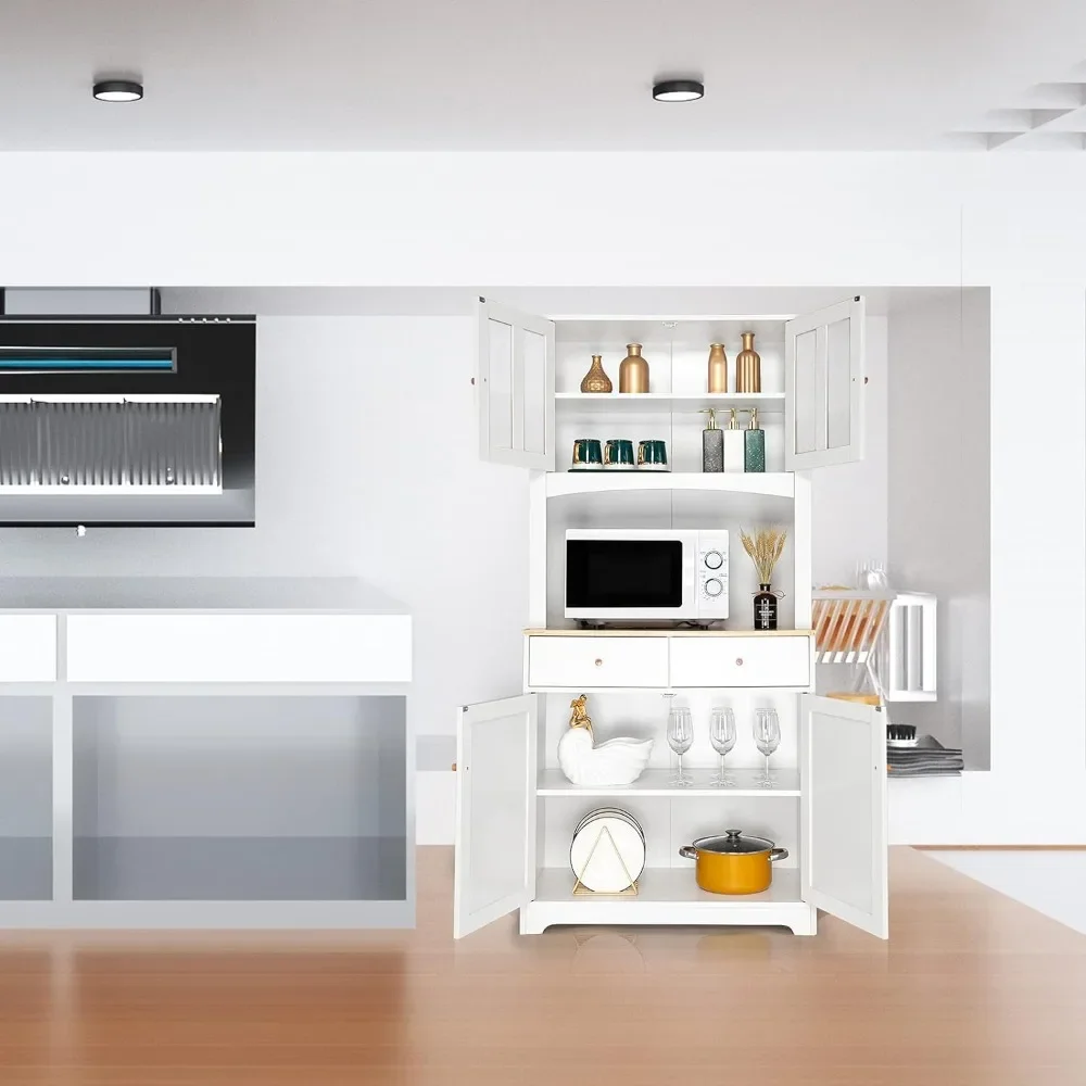 Buffet Cabinet with Hutch Kitchen Pantry Storage White Sideboard for Microwave Storage, 4 Doors, 2 Adjustable Shelves