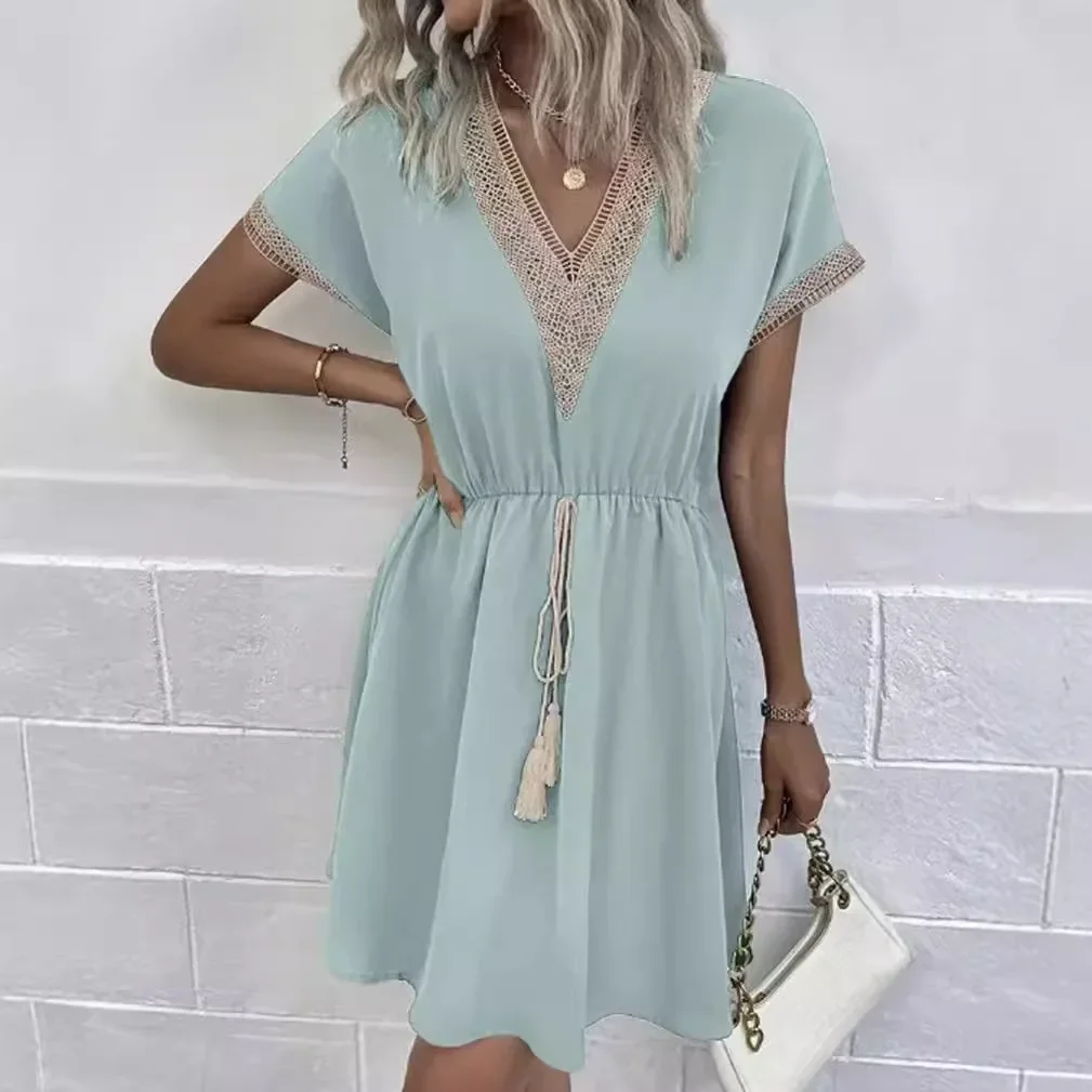 

European Spring Summer Solid Color Short Sleeve Lace V Neck Waist Tie Dress