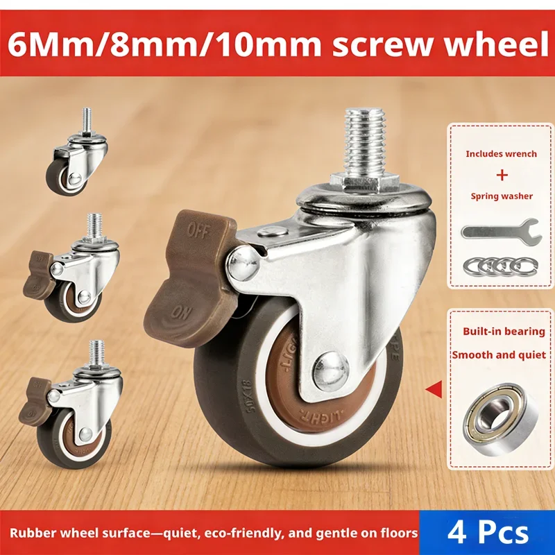 (Pack of 4) 1''/1.5''/2'' Screw Wheel Universal M6/M8/M10 Furniture Caster Silent Rubber Pulley Roller Steering