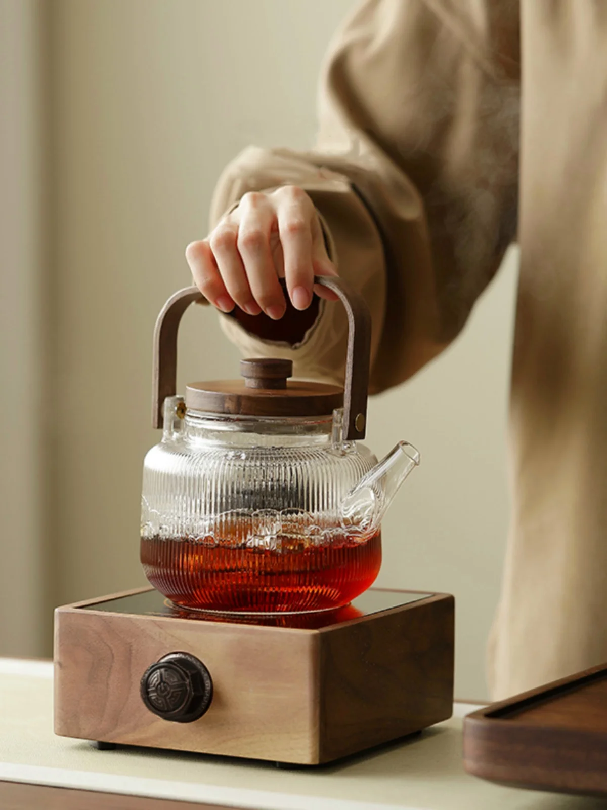 

Чайник из орехового дерева и керамики для заваривания чая, стеклянный, белый, для приготовления чая на пару, двойного назначения, маленький, для нагрева