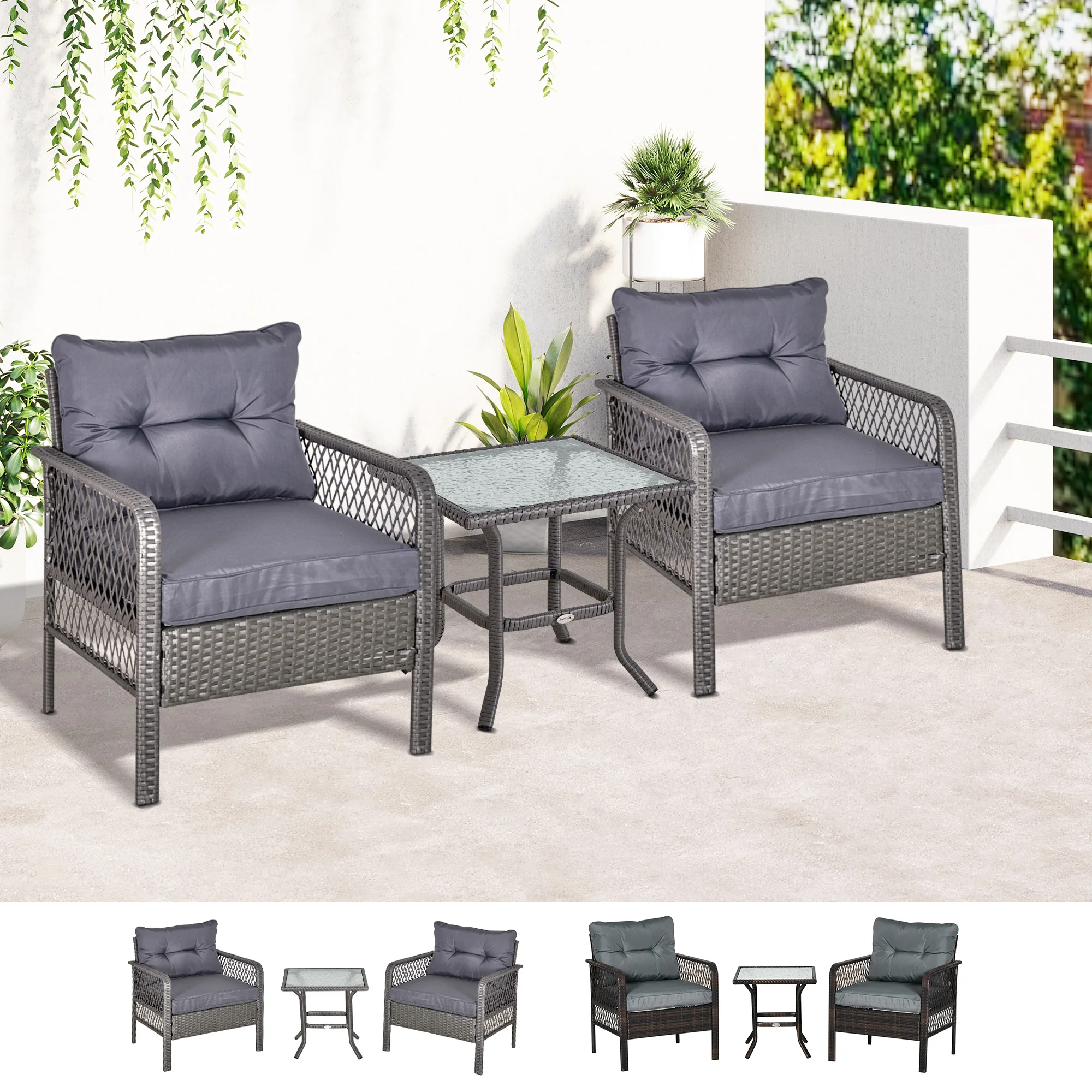 Outsunny rattan furniture set 2 armchairs 65x66x75 cm and 1 table 50x50x50cm glass with Patio terrace cushions