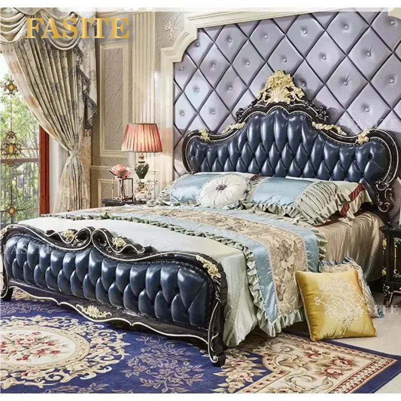 For French Luxury Leather Double Bed Set European Classic Carved Solid Wood Frame Queen King Size Bedroom Furniture Wedding