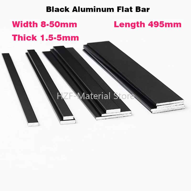 2Pcs Length 495mm Black Aluminum Flat Bar Thick 1.5-5mm Skirting Line Trim Strip Solid Flat Aluminum Width 8-50mm