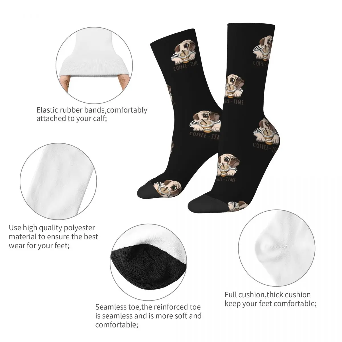 Crazy Design Coffee Time Pug Funny Dog Pet Basketball Socks Bulldog Lover Animals Middle Tube Socks for Unisex Breathable