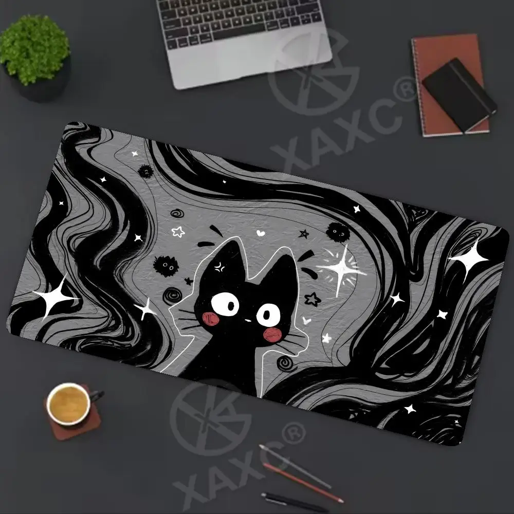 

Коврик для мыши с изображением черной кошки, XXL, большой, для офиса и игр, резиновый, нескользящий, для клавиатуры, XAXC HD, длинный коврик для компьютерного стола