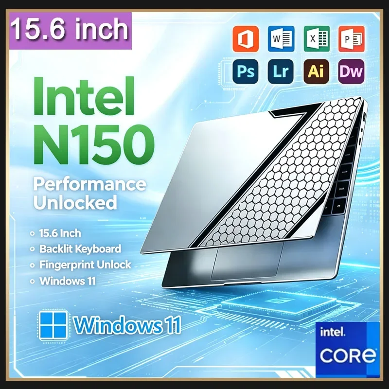 15.6Inch Intel N150 Laptop Lightweight Portable Notebook Powerful Processor Smooth Multitasking for Office Gaming Study