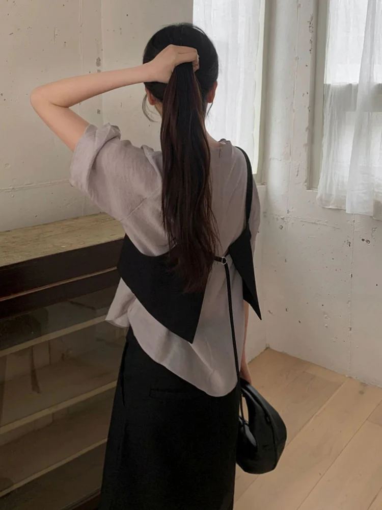 

Romantic Gentle f High Collar irt + One oulder Bal Set Dongdaemun Summer Qui very Loose Fit Commute Sle