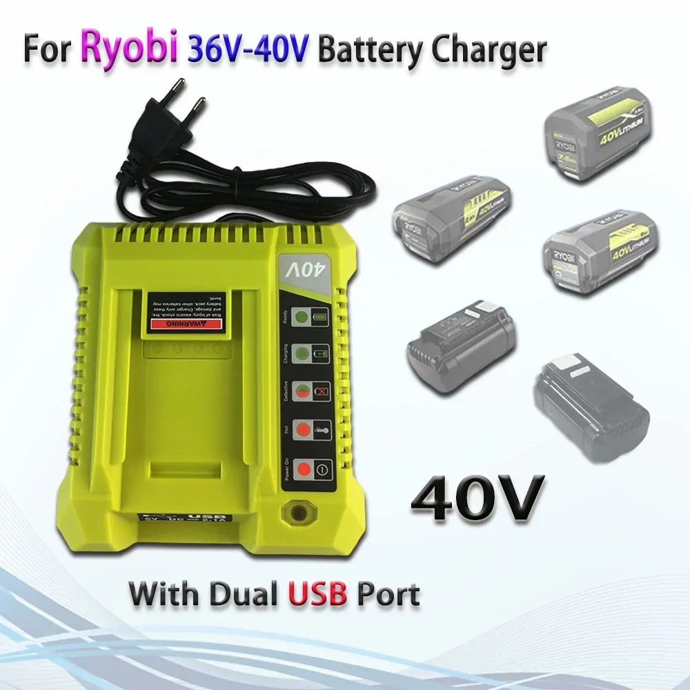 

40V Battery Charger for Ryobi 36V-40V Lithium Li-ion Battery Fast Charging For OP4030 OP4040 OP4050 OP400A With Dual USB Port