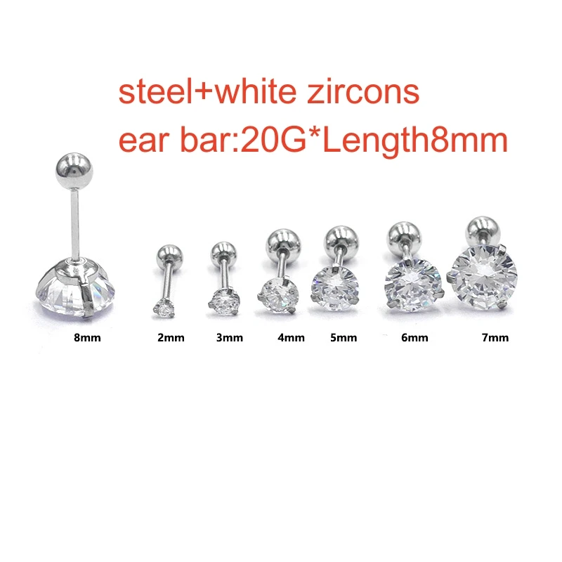 Meerblau 1 Paar 8mm Lange Stabnadel 20G Mehrere Größen Edelstahl Ohrstecker mit Schraubverschluss Klassische Runde Zirkonia-Steckerohrringe – Detail 2