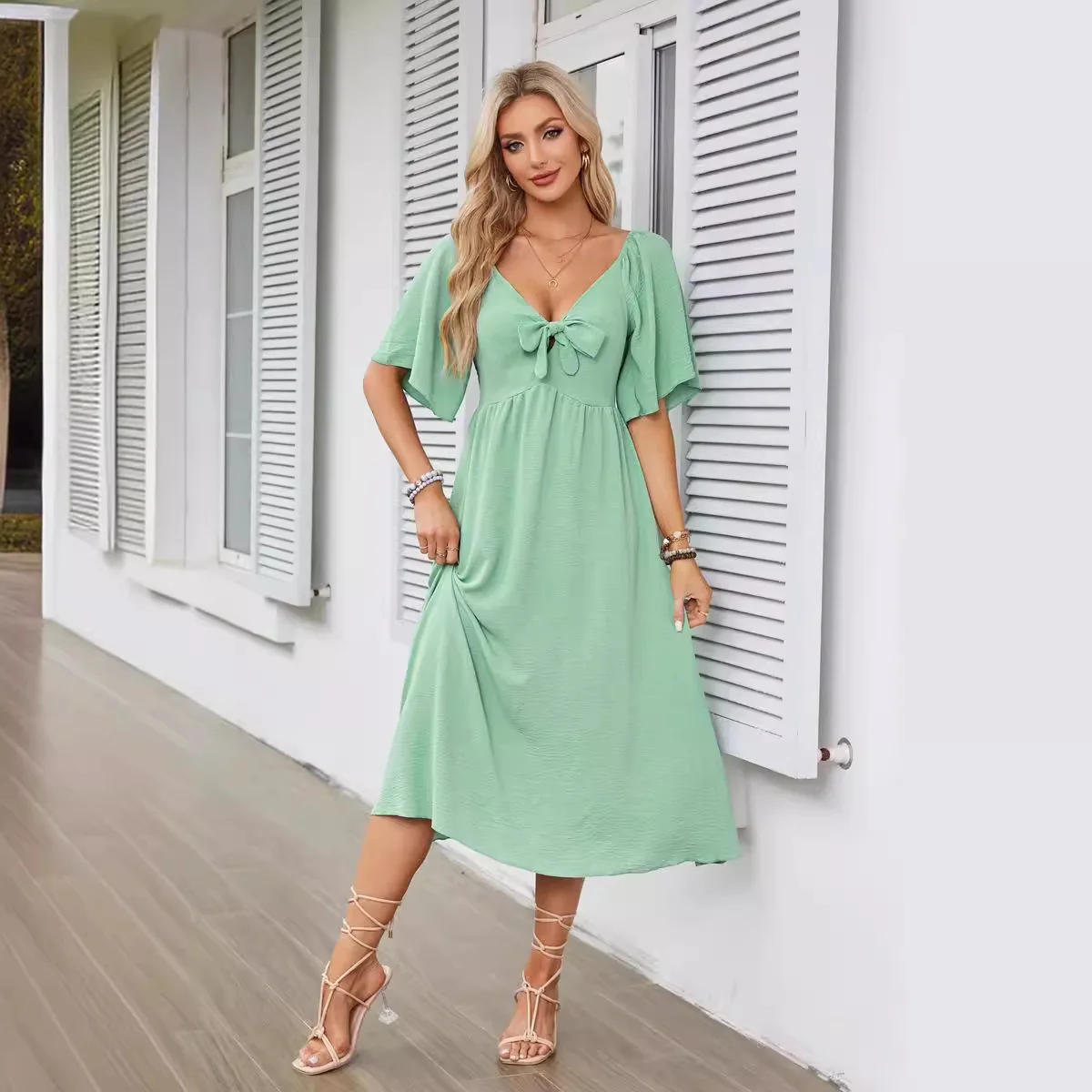 Cross-Border V-Ne  Knot Pleated Midi Dr ort Sve Fre Sle Polyester Fabric Other Material 00%