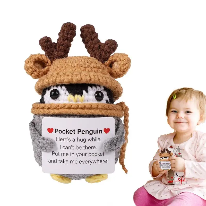 Emotional Support Little Yellow Hat Penguin Crochet Doll With Positive Card Cute Crochet Doll