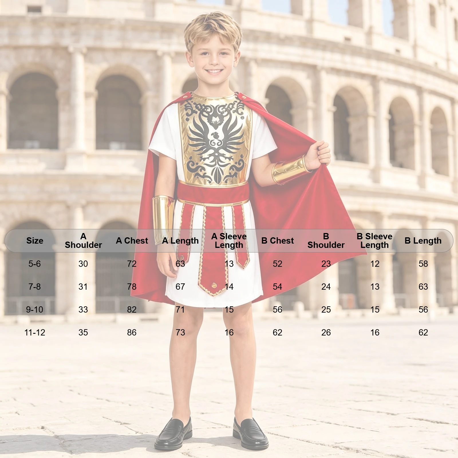 Kids Boys Girls Roman Soldier Gladiator Costume Robe with Cloaks Waistband Wrist Guard Halloween Ancient Roman Warrior Dress Up