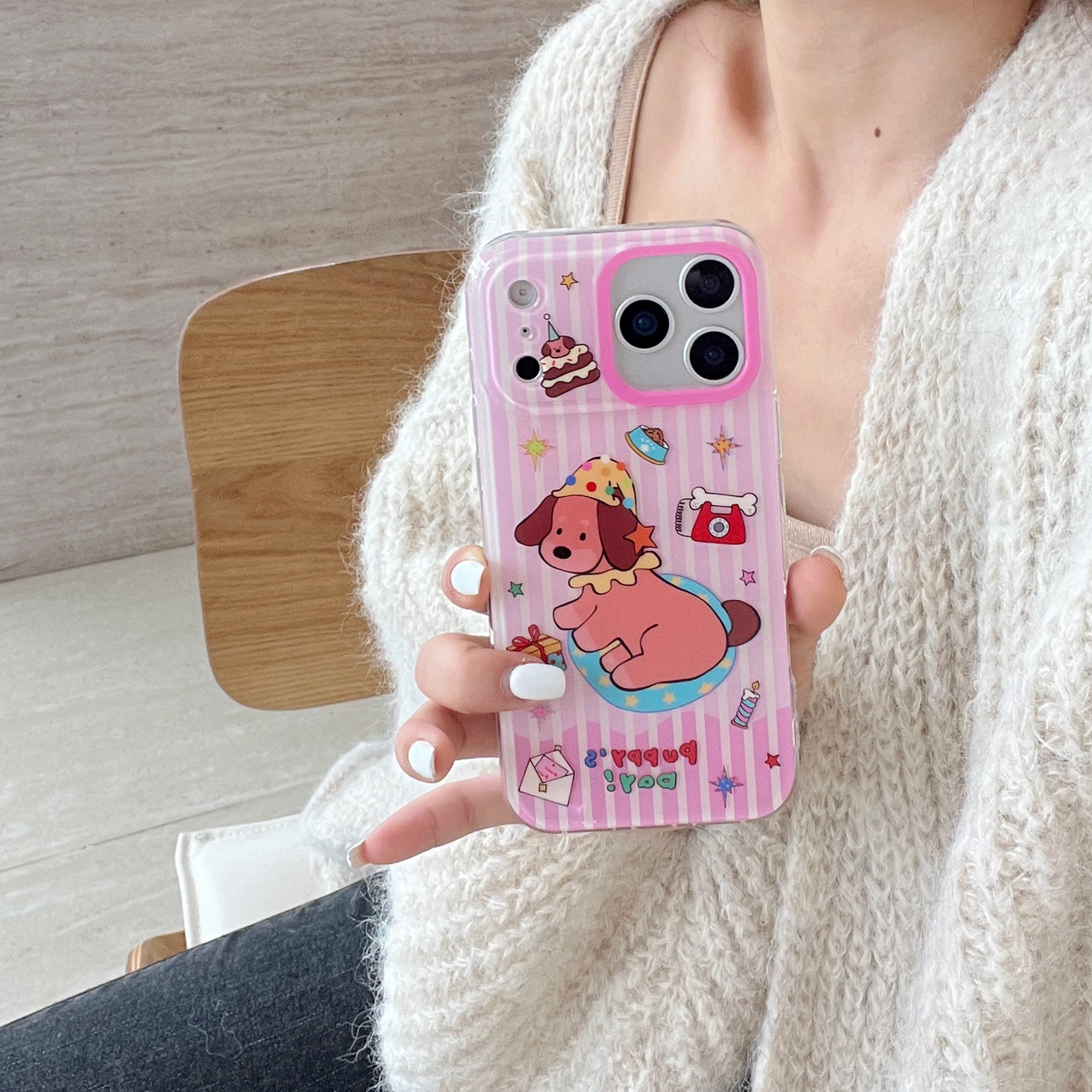 Korean INS Striped Puppy Anti-fall Acrylic Phone Case For iPhone 17 16 Pro 15  Pro Max Cover Shockproof Cute Protective Cases