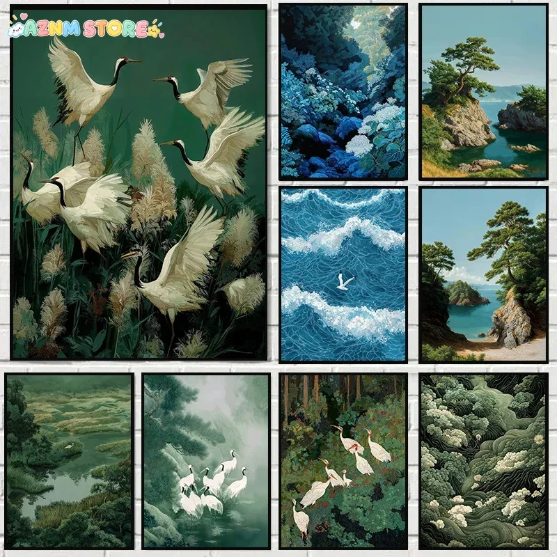 2027,Japanese Green Forest White Cranes Poster Chinoiserie Bird Modern Prints Canvas Painting Wall Art Picture Home Living Ro