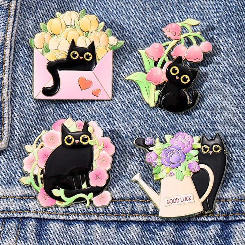 Cute Flower Black Cat Enamel Brooches Lapel Pins Good Luck Water Bottle Lily Peony Tulip Envelope Cat Animal Badge Jewelry Gift