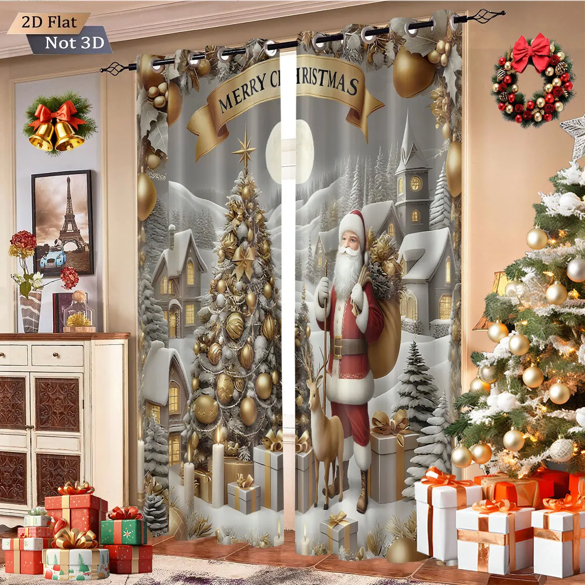2 Stück Weihnachtsbaum-Weihnachtsmann-Druck, perforierte Verdunkelungsvorhänge, verschiedene Größen, Wohnzimmer-Isolierung, Dekoration, maschinenwaschbar