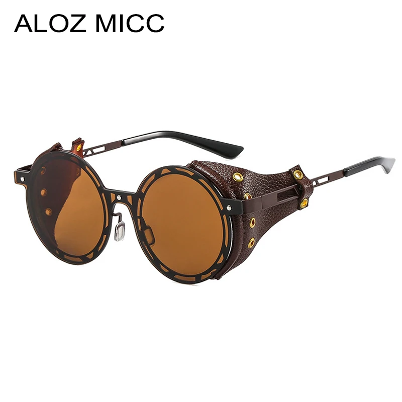 ALOZ MICC Classic Punk Round Sunglasses Women Brand Designer Vintage Leather Men Glasses Retro Fashion Goggles UV400 Eyeglasses