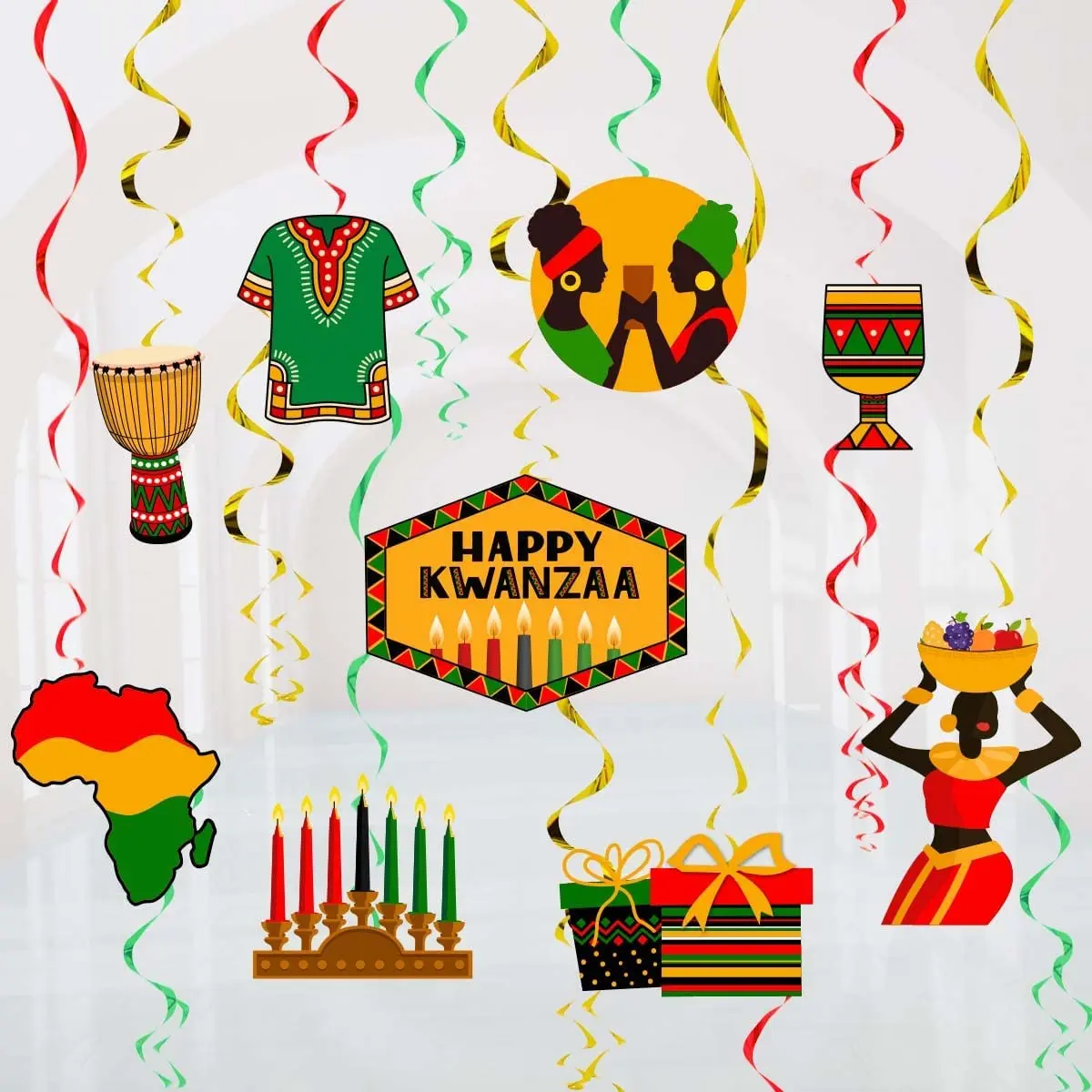 

Happy Kwanzaa-African Heritage Holiday Decorations, Party Supplies, Hang Swirls, Celebration for Mantel, Fireplace Decor