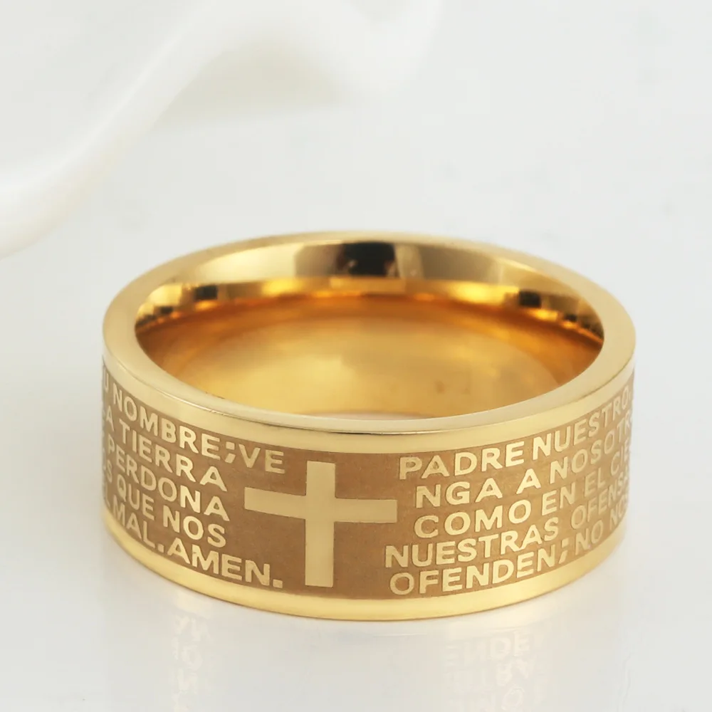 7mm Tone Spanish Golden The Holy Bible  Prayer Cross Ring Stainless Steel Rings Wholesale