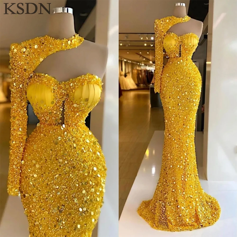 KSDN squisiti abiti da sera gialli formali con paillettes manica lunga Sweep Train sirena occasioni speciali abiti da donna