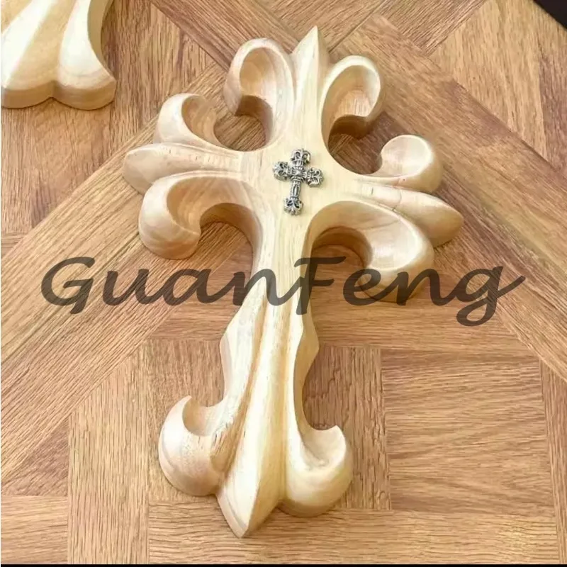 American Home Solid Wood Carving Cross Flower Decoration Retro Living Room Large Desktop Decoration Wall Decoration