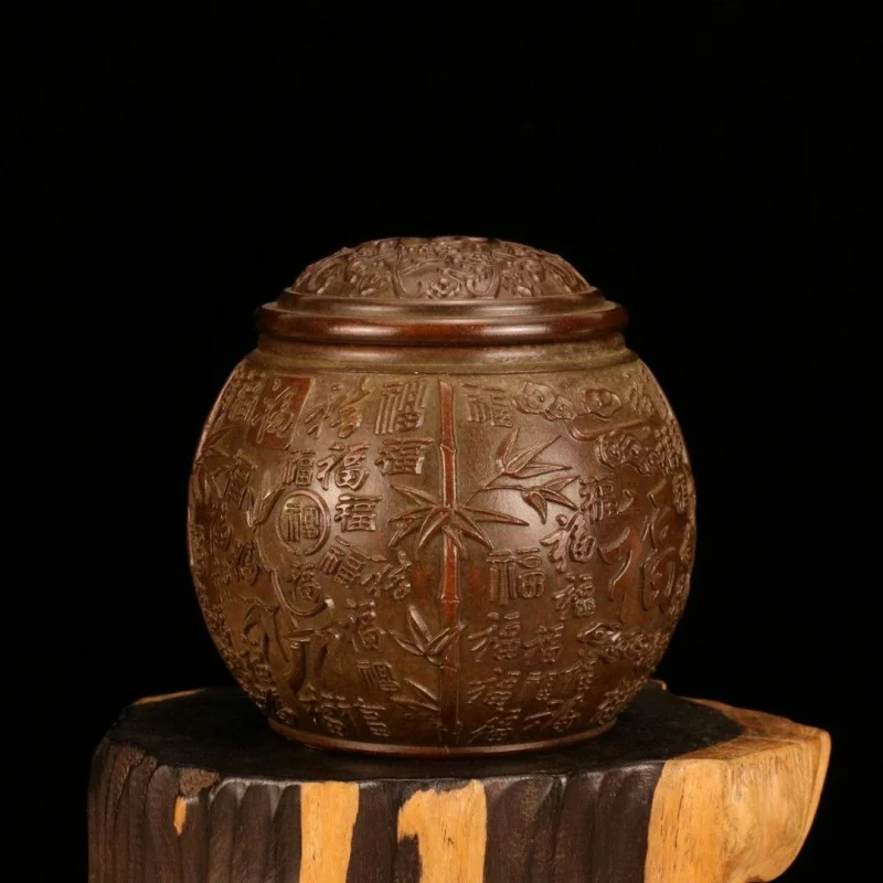 

Antique Copper Ornaments Imitation Bronze Hundred Blessings Tea Canister Home Tea Ceremony Decoration Retro Home Storage Jar