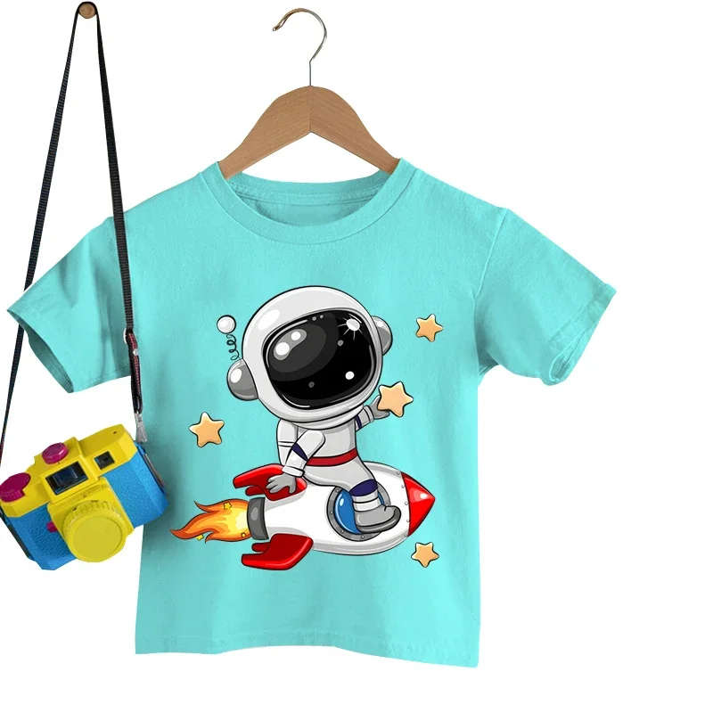 Astronaut on The Rocket Print T Shirts Kids Short Sleeve Tshirt Cartoon Astronaut Boys Girls T-shirt Summer Tee Shirt Tops