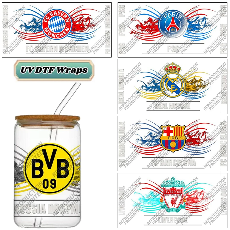 Sports Team Style UV DTF Wraps, Colorful Football Fan Stickers for 16oz Glass Cans, Waterproof DIY Transfer Decals