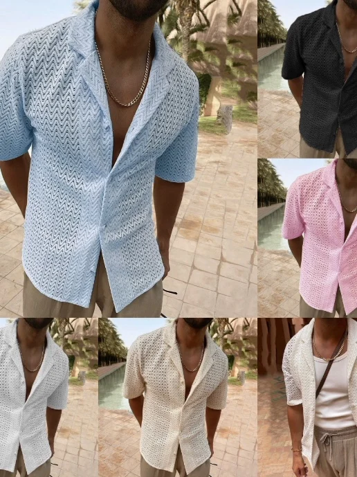 

Casual Fashion Pure Color Button Lace Short Sleeve Hollow out Shirt Top Men's Loose Fit Spring 2026 Cross-Border New Item