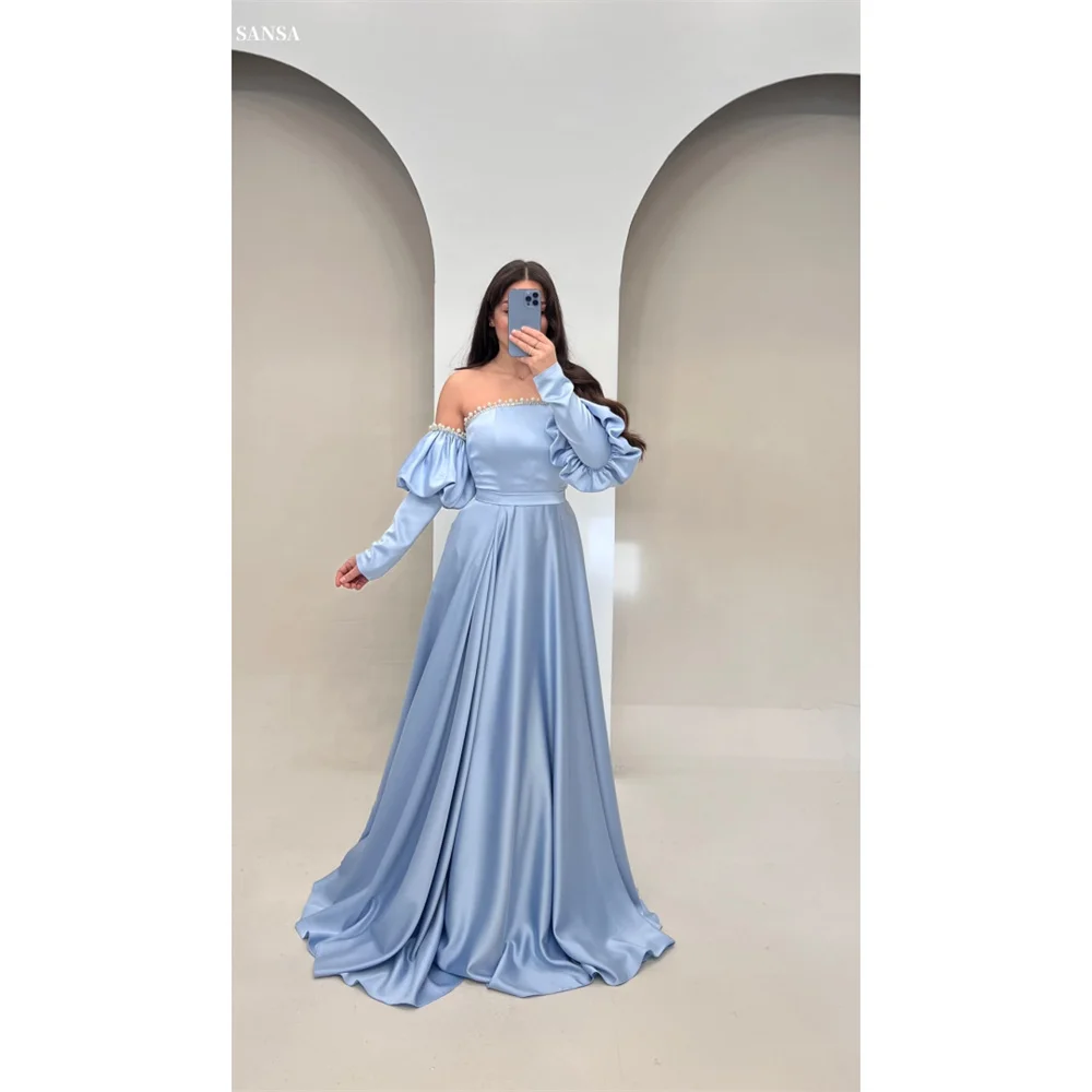 

Sansa Customized 3/4 Length Sleeve Blue A-line Prom Dresses Floor-length Floor-length فساتين سهرات Zip vestidos de fiesta 2025