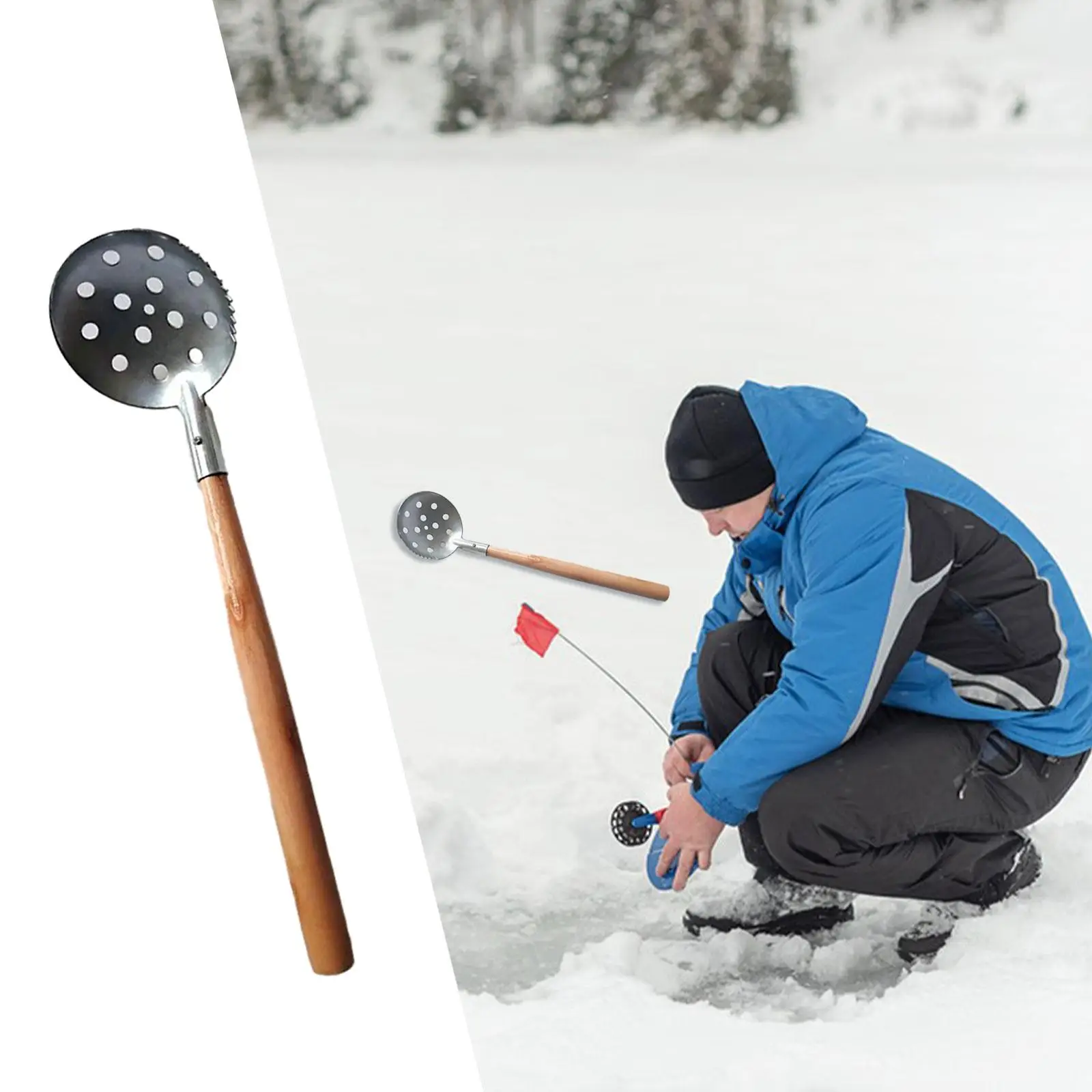 Ice Fishing Skimmer Scoop with Long Wooden Handle Ice Fishing Tool Practical Ice Skimmer Ice Scoop Accessories for Outdoor