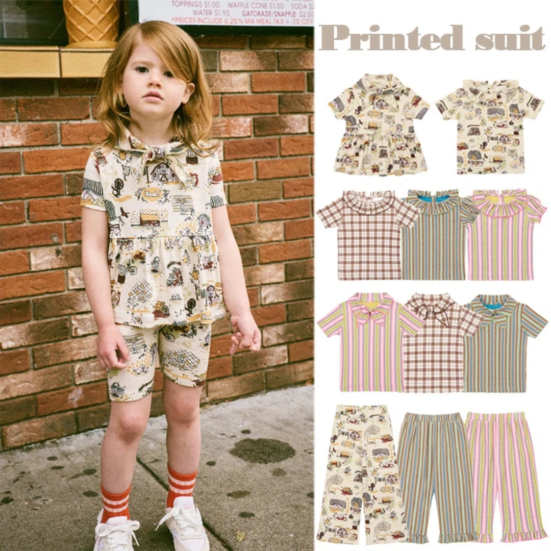

Children's MP Summer Cartoon Patterned T-Shirt and Skirt Set Short Sleeve Top with Bow Tie Long Pants Girls' Clothing Kids Suit