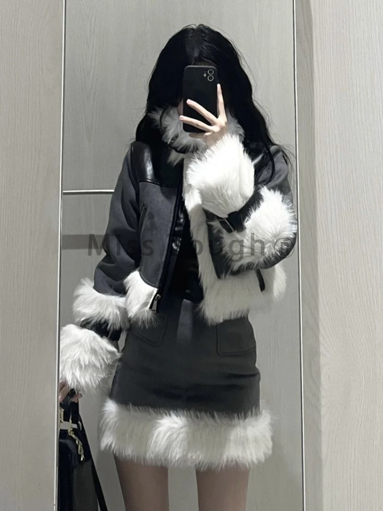 Winter Vintage Elegant 2 Piece Skirt Set Woman Preppy Style Vintage Suit Female Fashion Fur Casual Jacket + Y2k Mini Skirt 2023