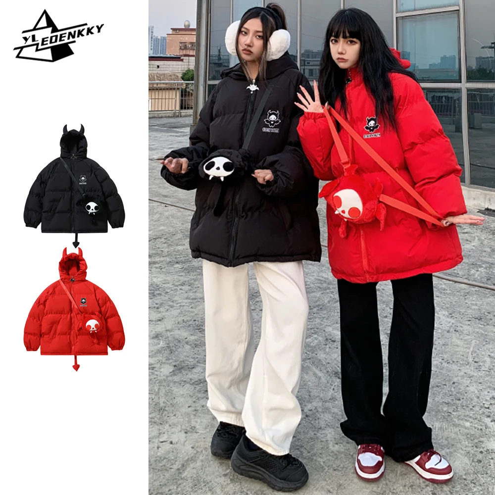 High Street Loose Parkas Men Women Little Devil Embroidered Thick Cotton Coats Hip Hop Wings Tail Hooded Warm Jackets with Bag