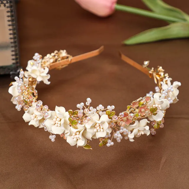 Elegancka opaska ślubna księżniczki kryształowa perła kwiatowa Tiara Rhinestone liść opaska do włosów dla kobiet ślubne akcesoria do włosów